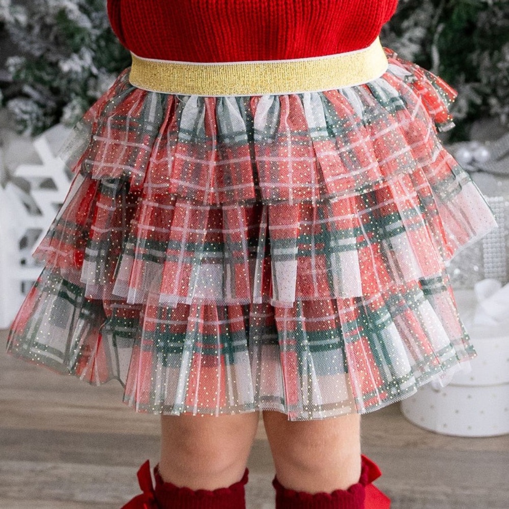 Holiday Christmas Festive Red Green Plaid Tulle Skirt Stretch Gold Waistband 4-6